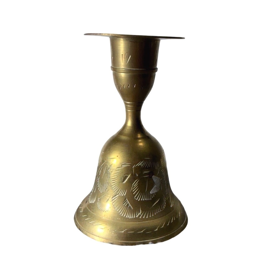 Vintage Etched Brass Bell Candlestick Holder Taper Candle Stand 3.5 Inch